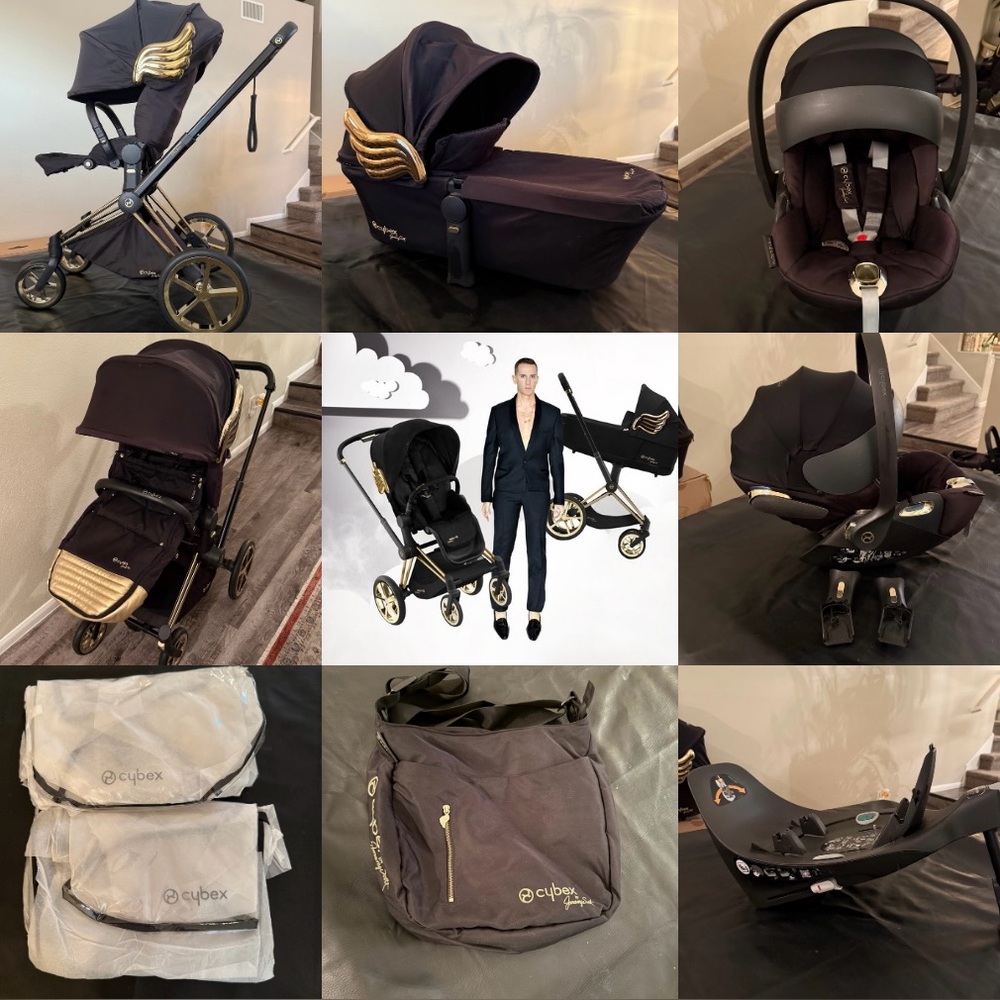 COMPLETE Cybex Priam Jeremy Scott Stroller Car seat Bassinet Bag Muff Gold Wings